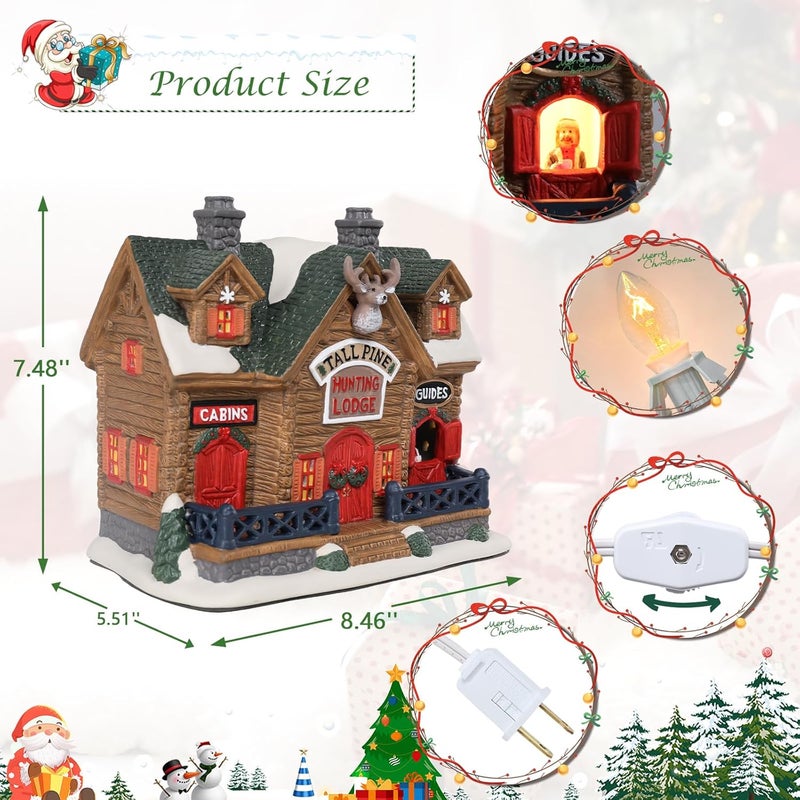 VCUTEKA Christmas Village House Lighted Indoor Decorations Hunting Lodge with LED Light Christmas Village Collectible Buildings Figurines Ceramic House Light up Figurine for Holiday Xmas Decor - Image 3